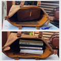 Handmade women's leather tote with a padded laptop sleeve and multiple compartments.

