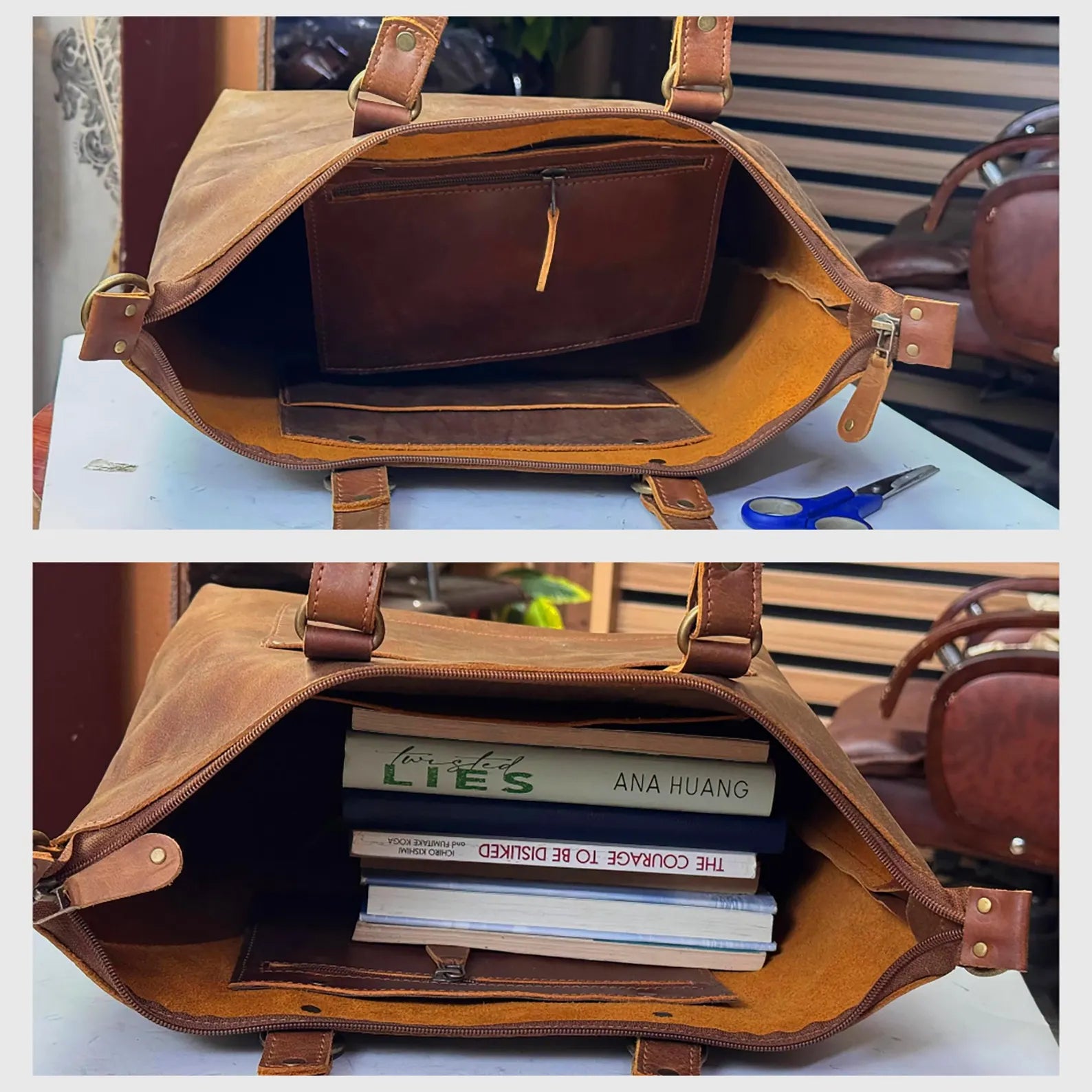 Handmade women's leather tote with a padded laptop sleeve and multiple compartments.

