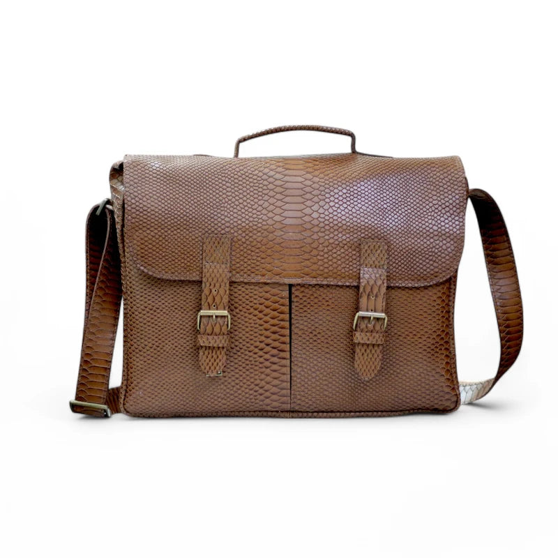 Front View of the Python Print Leather Messenger Bag – Showcasing the sleek texture and buckle closure
