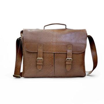Front View of the Python Print Leather Messenger Bag – Showcasing the sleek texture and buckle closure
