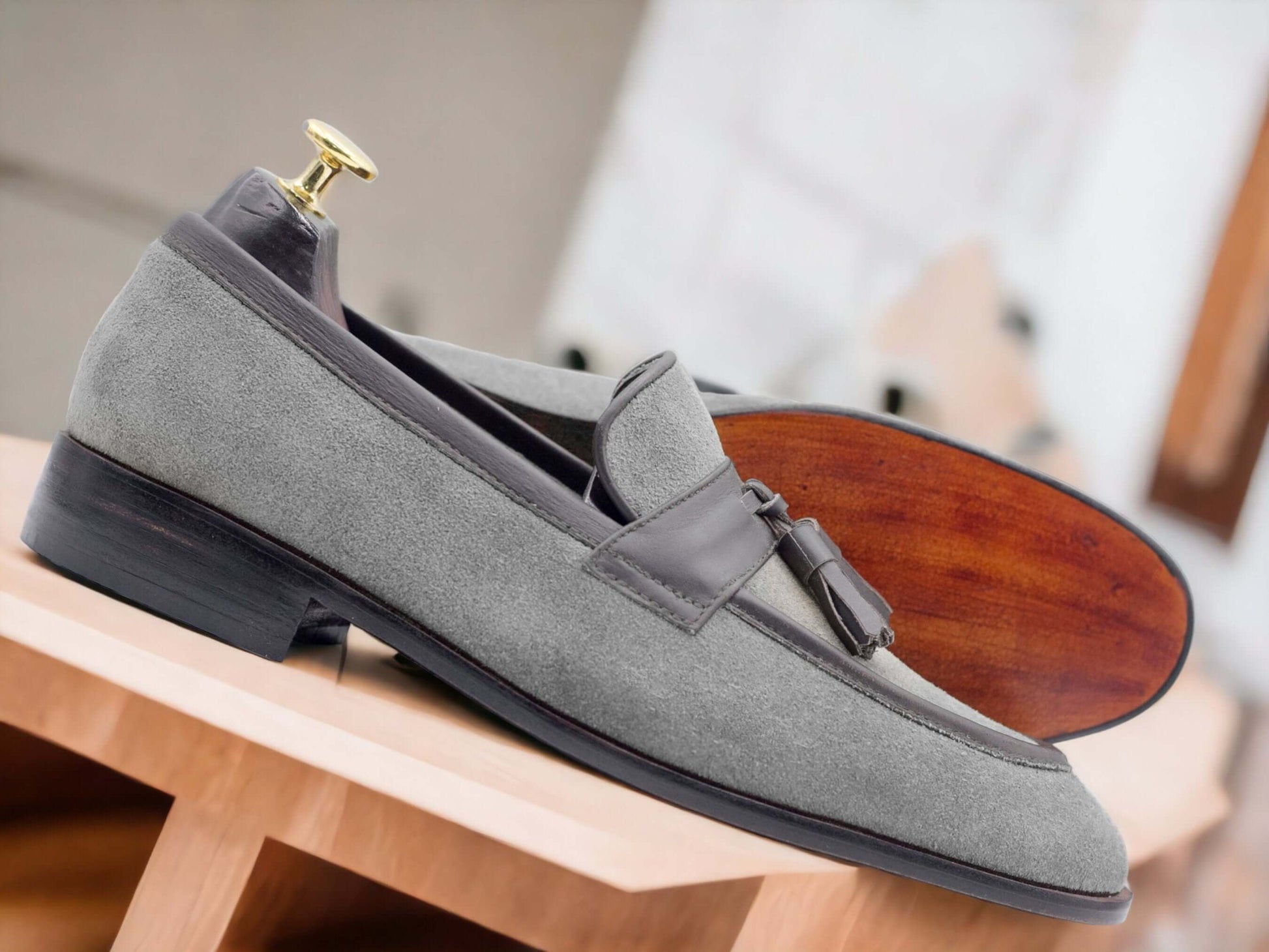 Round Toe Beige Tasselled Slip-On Leather Suede Loafers Moccasins, Handmade Men Casual Shoes - Luxury Shelfs